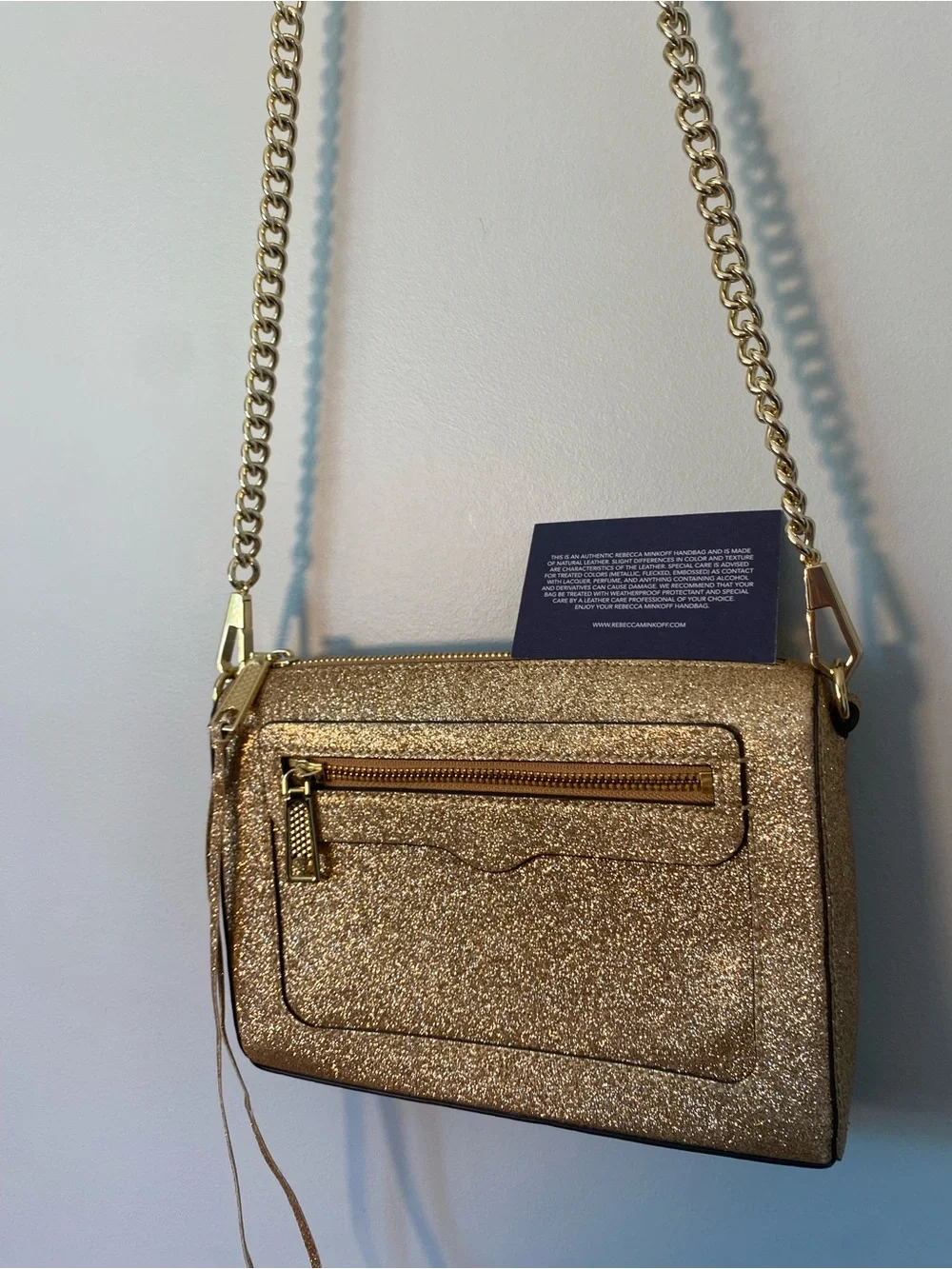 REBECCA MINKOFF LEATHER GLITTER AVERY CROSSBODY ROSE GOLD